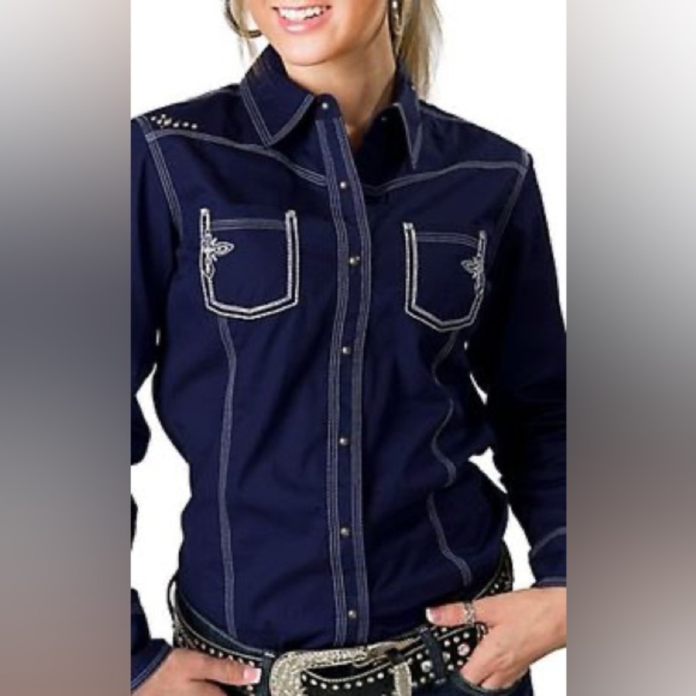Ariat | Ocean Blue Jeweled Studded Snap Button Western Rebel Shirt Size Small